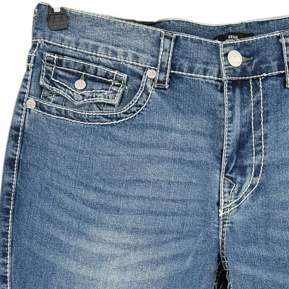 True Religion Men's Geno Big T Flap Slim Stretch Blue Denim Jeans 36x32 NWT $199